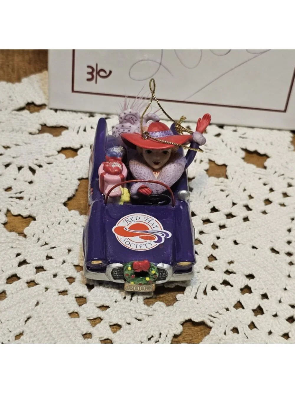 2008 Red Hat Society Christmas Ornament by Danbury Purple Convertible Car W/box